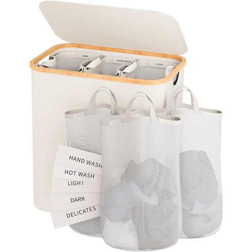 Laundry Hamper 3 Section, 145L Dirty Clothes Hamper with Lid, Extra Large Laundry Basket Organizer with Removable Inner Bags & Labels for Laundry Room, Bedroom, Beige