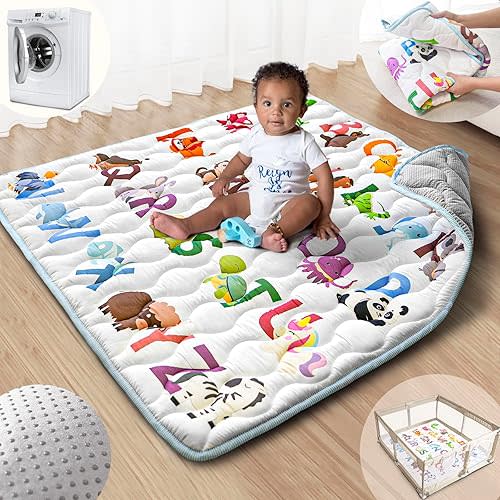 Beavtaens Baby Play Mat, 43x43 Mat with Super Soft Touch, Activity Mat with Upgraded Anti-Slip Bottom, Machine Washable Crawling Mat for Floor & Picnic(Animal Alphabets)