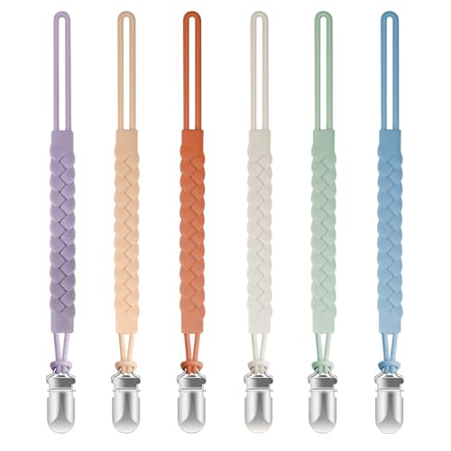 Tender Babe Silicone Pacifier Clips for Baby Boys and Girls, Woven Rope Flexible Design, Pacifier Holders for Teething Relief and Baby Essentials, Safe for Newborns (6 Pack)
