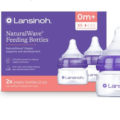 Lansinoh Anti-Colic Baby Bottles for Breastfeeding Babies, 2 Ounces, 2 Count, with 2 Extra Slow Newborn Flow Nipples, Size XS