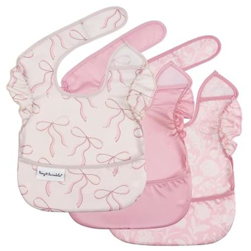Tiny Twinkle Mess-Proof Baby Bibs for Eating | Waterproof, Wipeable Toddler Bibs with Catch-All Pocket | Feeding Bibs for Girls & Boys(3 Pack,Toile,Bows)