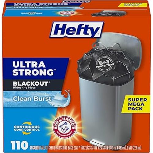 Hefty Ultra Strong Trash Bags, Black Tall Kitchen Trash Bags 13 Gallon Size, Break Resistant Drawstring Enclosure, Continuous Odor Control, Blackout, Clean Burst Scent, 110 Bags