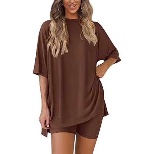 PRETTYGARDEN Women's Two Piece Lounge Set 2025 Summer Casual Oversized Shirts Biker Shorts Matching Airport Travel Outfit