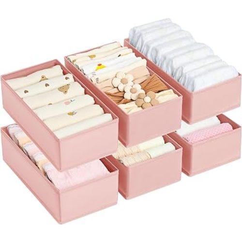 DIMJ Drawer Organizer Clothes - Underwear Organizer Closet Organizers and Storage Box Dresser Organizer,Drawer Dividers for Baby Clothes,Bra,Socks, Belt, Tie, Set of 6,Pink