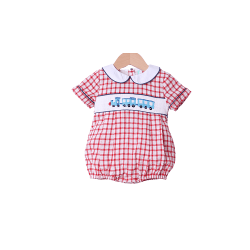 Smocked Train Red Windowpane Bubble