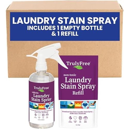 Laundry Stain Remover Spray for Clothes - Removes Tough, Dried-In Stains on Whites & Colors -Natural Ingredients - Gentle Yet Powerful - Includes 3 oz Refill & Empty Refillable Bottle