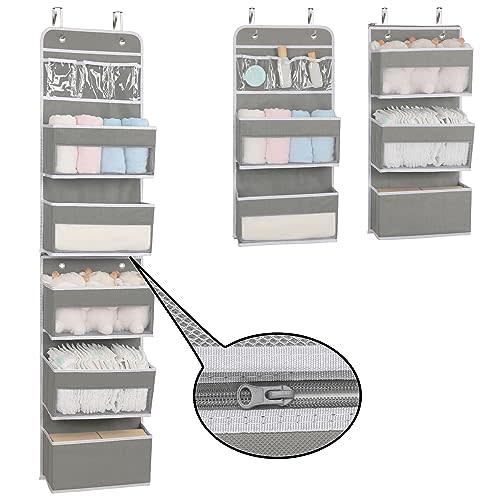 JINOKADI 6-Tier Over the Door Storage Organizer, Flexible 1 Split into 2 Swing-proof Hanging Bathroom Storage Organization, Bedroom Organizer and Storage for Newborn Baby Essentials, Grey