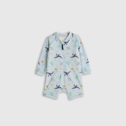 Quince Long Sleeve Zip-Up Rash Guard One-Piece - Under the Sea, 3-6M