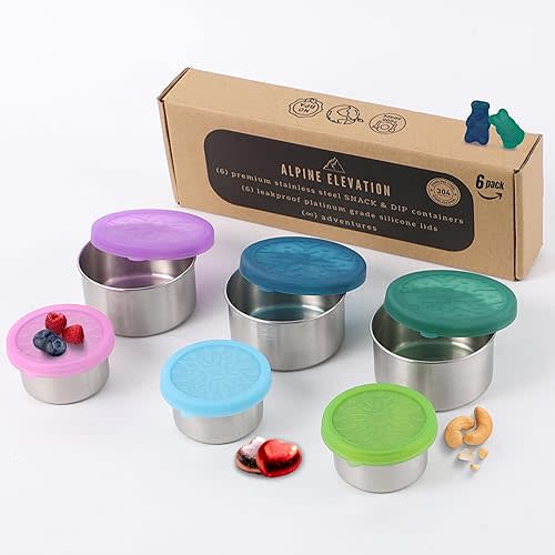 12-Piece Stainless Steel Snack Dip Condiment Containers Set | 3 x 7.4 oz and 3 x 3.4 oz with Silicone Lids | Reusable Leakproof Food Storage Containers for Lunch Meal Prep and Travel