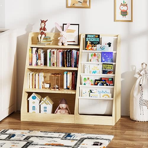 NACHES 4 Tier Kid Bookshelf Wooden 5 Sling Children Bookcase Toddler Montessori Bookcase Book Rack Display Toy Storage Organizer Adjustable Book Display Shelf Stand Classroom Bedroom Nursery Playroom
