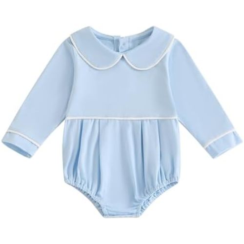 Lamuusaa Newborn Baby Girl Clothes Long Sleeve Peter Pan Romper One Piece Basic Solid Bodysuit Shirts Spring Outfit