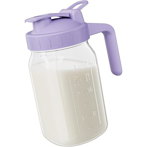 Breast Milk Pitcher Jug - 32 oz Glass Mason Jar Airtight Pitcher with Pour Spout Handle for Breastmilk, Iced Tea, Ice Drinks Storage Container(Purple)