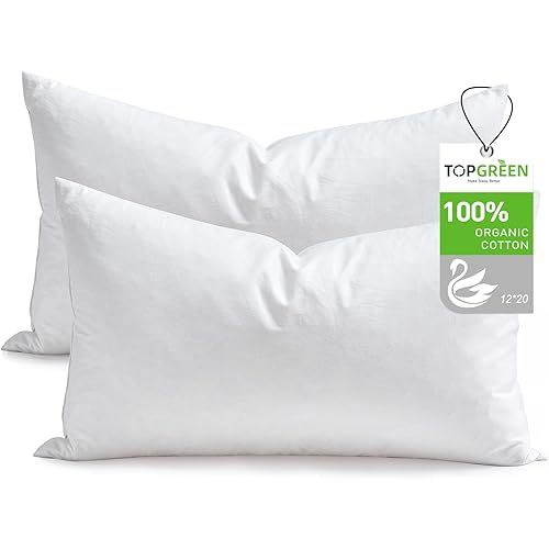Feathers Down Throw Pillow Inserts 12x20, Set of 2, 100% Organic Cotton Shell, Soft Decorative Lumbar Pillow Insert for Living Room Sofa, Couch, or Bed (White)