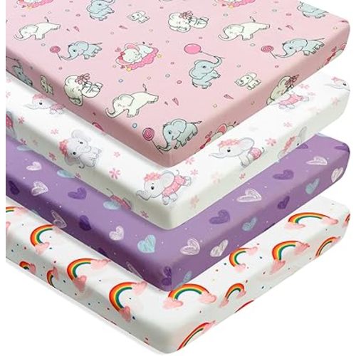 4 Pack Baby Girl Pack N Play Mini Crib Sheets Set Soft Fitted Elephant Theme Baby Girl Mattress Covers Breathable Toddler Bed Sheets for Infant or Newborn(Elephant, Pack N Play Mini Crib Sheets)