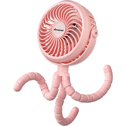 AMACOOL Battery Operated Stroller Fan Flexible Tripod Clip On Fan with 3 Speeds and Rotatable Handheld Personal Fans for Car Seat Crib Bike Treadmill (Pink)