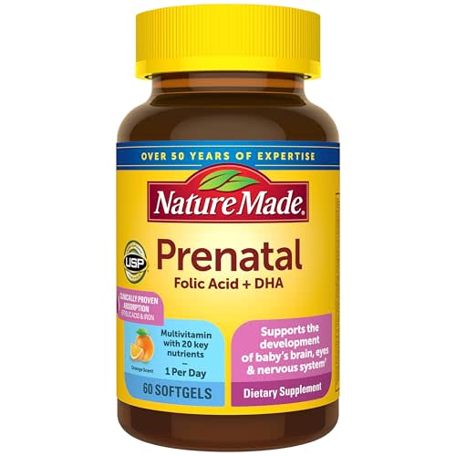 Nature Made Prenatal Vitamins for Women with Folic Acid + DHA, 60 Softgels | Prenatal Vitamin and Mineral Supplement for Daily Nutritional Support, With Folic Acid and 19 Other Nutrients, 60 Day Supply