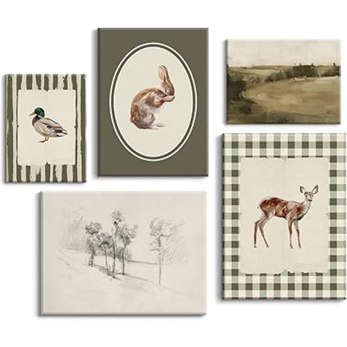 Vintage Nursery Wall Art Kids Canvas Poster Baby Boy Room Wall Decor Green Rabbit Wall Art Bunny Bird Prints Deer Picture Farmhouse Painting Nursery Artwork for Bedroom 12x16x5 Inch Ready to Hang