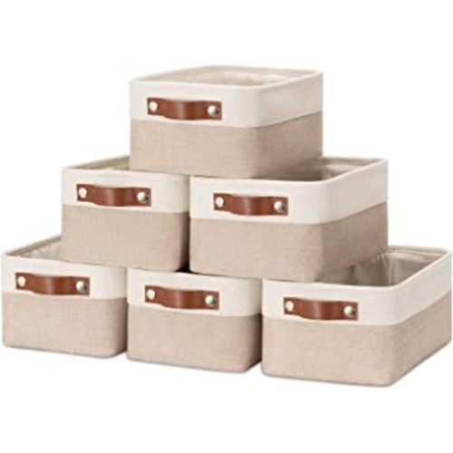 HNZIGE Small Fabric Baskets for Organizing(6 pack) Collapsible Storage Baskets for Shelves, Closets, Laundry, Nursery, Decorative Baskets for Gifts Empty (White&Khaki, 11.8" x 7.8" x 5.1")