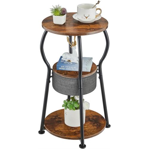 Small Round Side Table with Storage Bag, 3-Tier Accent Round End Table with Four Storage Functions for Living Room, 21.6" H Vintage Smalls Corner Table for Small Spaces Nightstand Bedroom