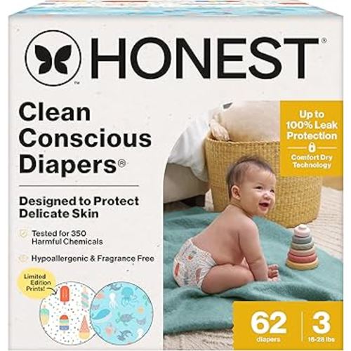 The Honest Company Clean Conscious Diapers for Delicate Skin | Up to 100% Leakproof | Hypoallergenic, Fragrance Free | Summer '25 Limited Edition Prints | Club Box, Size 3 (16-28 lbs), 62 Count