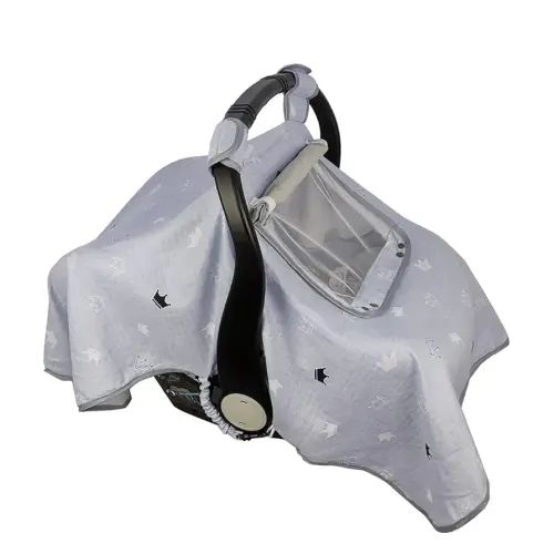 ICOPUCA Car seat Covers for Babies, Kick-Proof carseat Cover boy Girls, carseat Canopy with Window, Light Weight Muslin, fit Summer/Autumn/Spring, Neutral, Grey Crown;