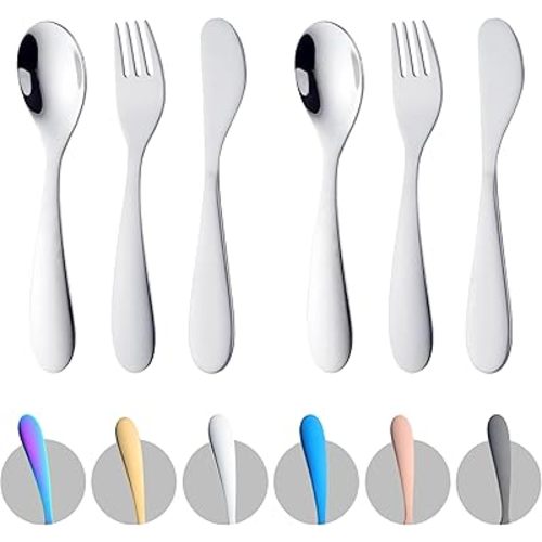 6 Piece Toddler Utensils, Kids Stainless Steel Silverware Set,2 Children Safe Forks + 2 baby spoons + 2 toddler knife,Mirror Polished,Gentle On Gums & Teeth, Dishwasher Safe (Silver)