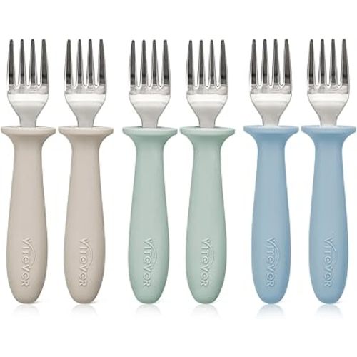 6 Pieces Toddler Forks, 18/8 Stainless Steel Kids Safe Utensils Set BPA Free, Children's Silverware Set with Silicone Round Handle for Self Feeding, Dishwasher Safe