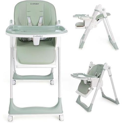 3 in 1 Foldable High Chair for Baby, Adjustable Heights Toddler High Chair with 5 Point Harness, Tray, Foot Rest and Wheels, Green