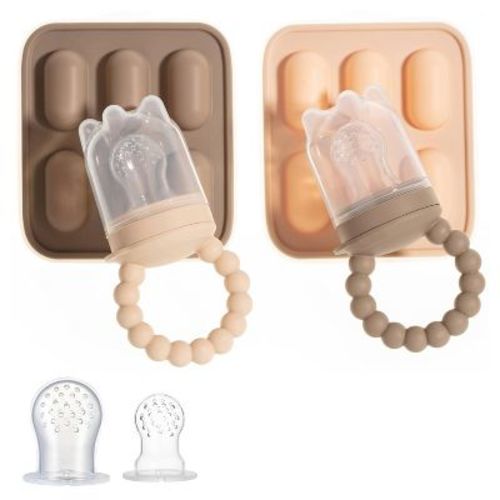 Silicone Baby Fruit Feeders With Freezer Tray For Batch Prep, Set Of 2 Safe & Convenient, Includes Extra Pouches & Travel Lids, Dishwasher Safe, Tan