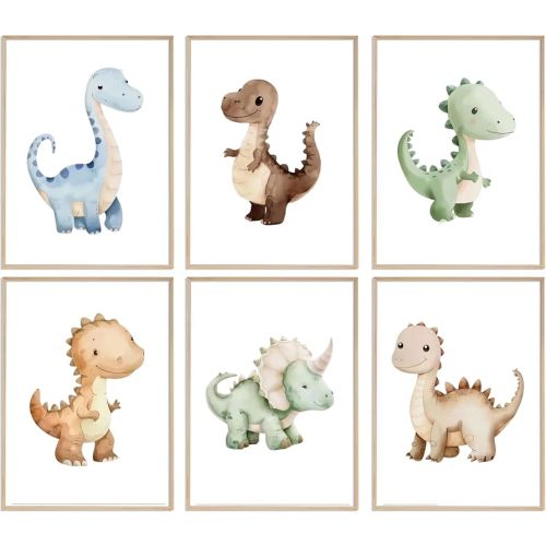 ELESFEK 6Pcs Dinosaur Nursery Wall Art Kids Room Canvas Poster Toddler Baby Watercolor Dino Wall Decor Dinosaur Painting Prints Cute Dino Pictures for Nursery Bedroom Boy Playroom Unframed