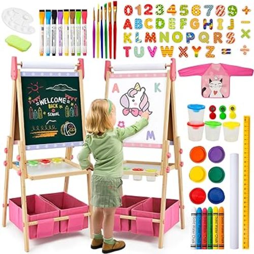 Kids Easel Including 100+ Accessories, Dual-Sided Wooden Easel for Kids Girls Age 3-12 with Magnetic Chalk & Painting Board, Free Height Adjustable Art Easel Supplies for Toddlers (Pink)