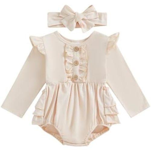 Newborn Baby Girl Outfit Ruffle Bubble Romper Long Sleeve Infant Bodysuit Jumpsuit with Headband Clothes