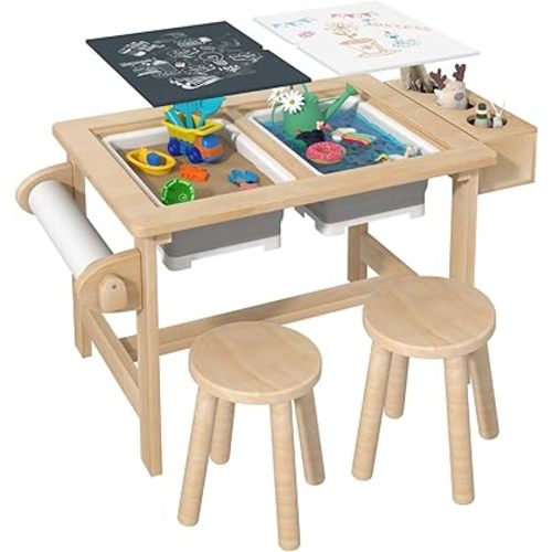 Sensory Table for Toddlers, Kids Table with 2 Storage Bins, Multifunction Toddler Activity Table, Wooden Play Table for Kids, Sand and Water Table with Writable Lids