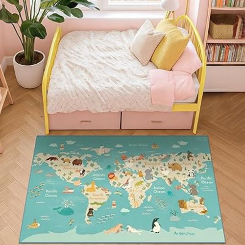 3x5 Animal World Map Rug for Kids Nursery – Soft Educational Play Mat with Cute Animals by Continent, Washable Stain Resistant Toddler Bedroom Rug - Blue