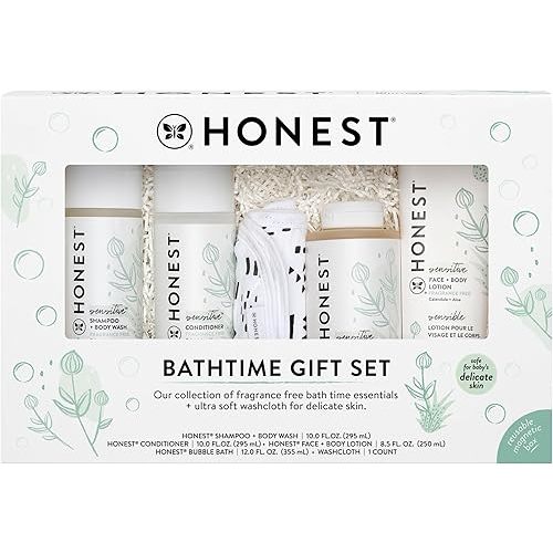 The Honest Company Fragrance Free Bathtime Gift Set | Hypoallergenic Bath Essentials for Sensitive Skin | Shampoo + Body Wash, Face + Body Lotion, Bubble Bath, Conditioner, Wash Cloth