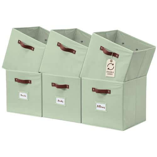 DECOMOMO Storage Bins, Cube Storage Bin with Labels, Fabric Storage Cubes for Shelves (10.5" x 11" / 6pcs, Sage Green)