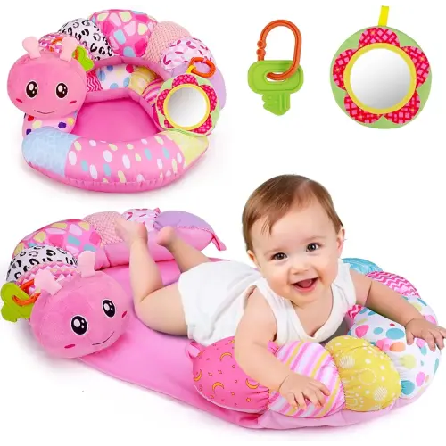2 in 1 Baby Tummy Time Mat & Support Seated Pillow Infant Newborn Toys 0 1 2 3 4 5 6 Months Pink Caterpillar Sensory Developmental Playmat 0-6 3-6 12 Month Babies Mirror Shower Gifts for Girls Boys