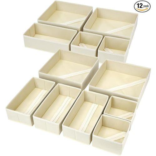 DIMJ Drawer Organizer Clothes, 12 Pack Fabric Drawer Organizer Bins, Foldable Baby Clothes Organizer & Dresser Organizer For Nursery, Clothes, Bedroom, Closet, Socks, Bra, Tie (Beige)