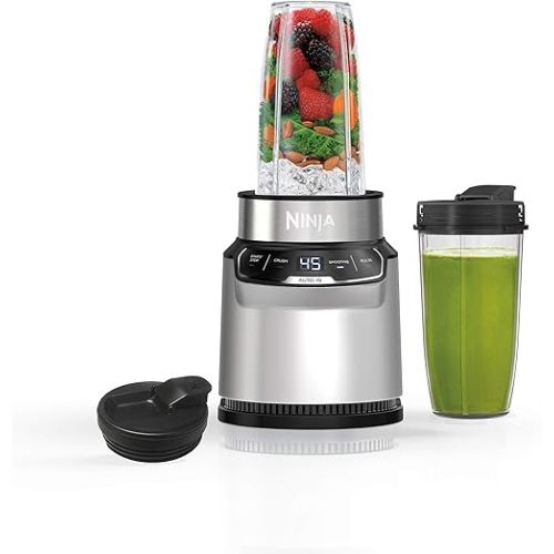 Ninja Blender, Nutri Pro, Personal Blender, For-Smoothies, Salsa, Shakes, and Frozen Drinks, Includes 2 Smoothie Cups, + Lids, Crushes Ice, Fruit, and Veggies, Single Serve Blender, Silver, BN401