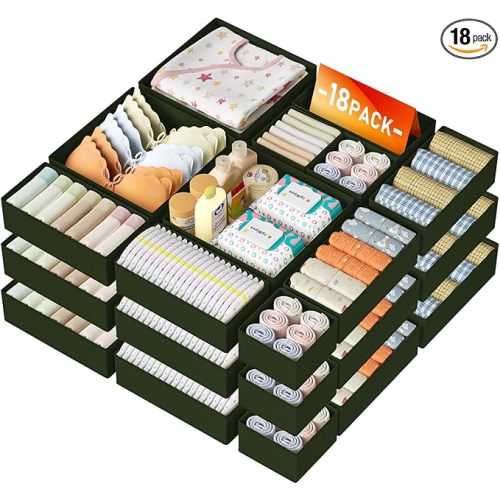 DIMJ Drawer Organizer Clothes 18 Pack - Foldable Baby Organizers and Storage & Dresser Organizer for Bedroom, Closet - Nursery Organization Dresser Dividers for underwear, Sock,Bra, Belt, Tie, Beige