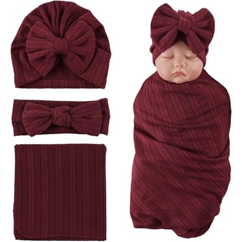 OMUKY Newborn Receiving Blanket Bow Headband and Beanie Set Baby Swaddle Receiving Blankets Baby Boy Girls Nursery Swaddle Wrap(Wine Red)