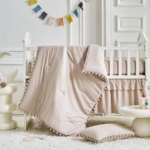 AIKASY The Ball Pom Fringe Crib Bedding Set for Girls, Baby Quilted Soft Comforter with Fitted Sheet, Bed Skirt, and Pillowcase（Khaki）