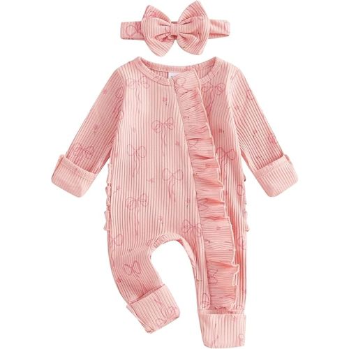 Baby Girl Winter Clothes Newborn Little Sister Going Coming Home Outfit Ruffle Mitten Romper Cute Ribbed Jumpsuit