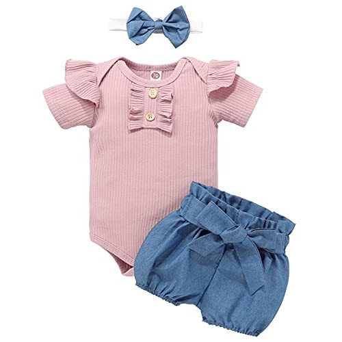 Amuhou Infant Baby Girls' Bodysuit Shorts and Headband Set, Toddler Short-sleeved One-pieces Shorts Pants (Peach Pink, 1-2T)