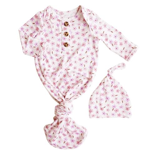 Caden Lane Newborn Knotted Gown with Hat, Soft Bamboo Viscose Baby Sleep Sack, Unisex Infant Nightgown, Breathable Sleepwear