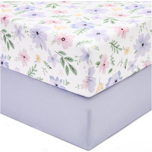 TILLYOU Fitted Crib Sheet Set - Super Soft Toddler Bed Sheets for Standard Crib and Toddler Mattresses, Premium Cozy Nursery Bedding Sheet 28"x52", Brilliant Little Flowers and Purple