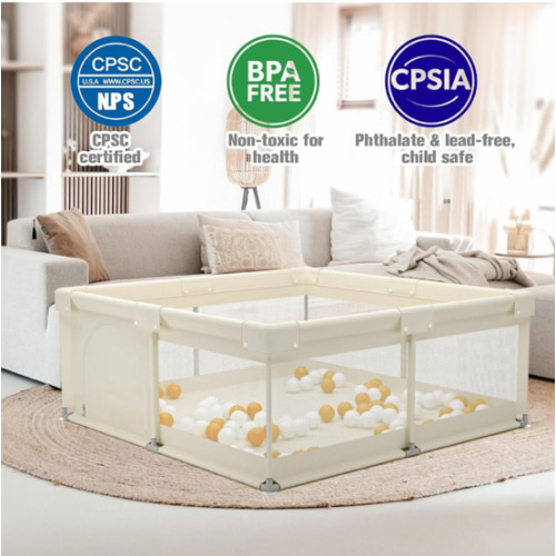ZEEBABA Beige Baby Playpen 59x59 in, Playpen for Babies and Toddlers, Play Pen for Kids, Play Yard for Infants with Gate (Without mat)