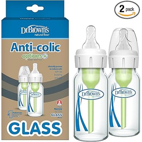 Dr. Brown’s Natural Flow Anti-Colic Options+ Narrow Glass Baby Bottles, 4oz, 2-Pack