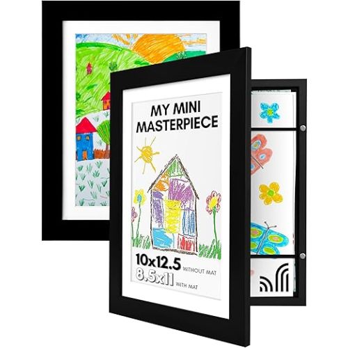 Americanflat Set of 2 10x12.5 Kids Art Frame - Front Loading Picture Frame Holds 100 Artworks - Use as 8.5x11 Frame with Mat or 10x12.5 Frame Without Mat - My Mini Masterpiece - Black