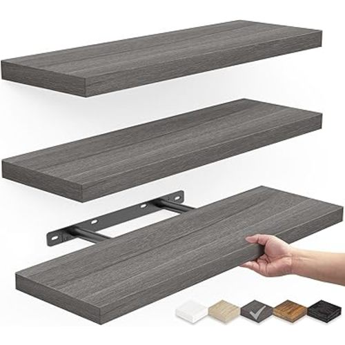BAYKA Floating Shelves for Wall, Wall Mounted Rustic Wood Shelves for Bathroom, Bedroom, Living Room, Kitchen,Small Hanging Shelf for Books/Storage/Room Decor (Grey, Set of 3, 15.7in)